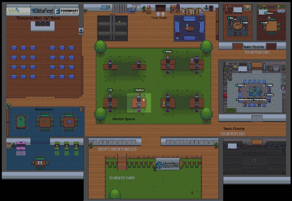 screenshot of Gather Town meeting space with participant avatars working in rooms.